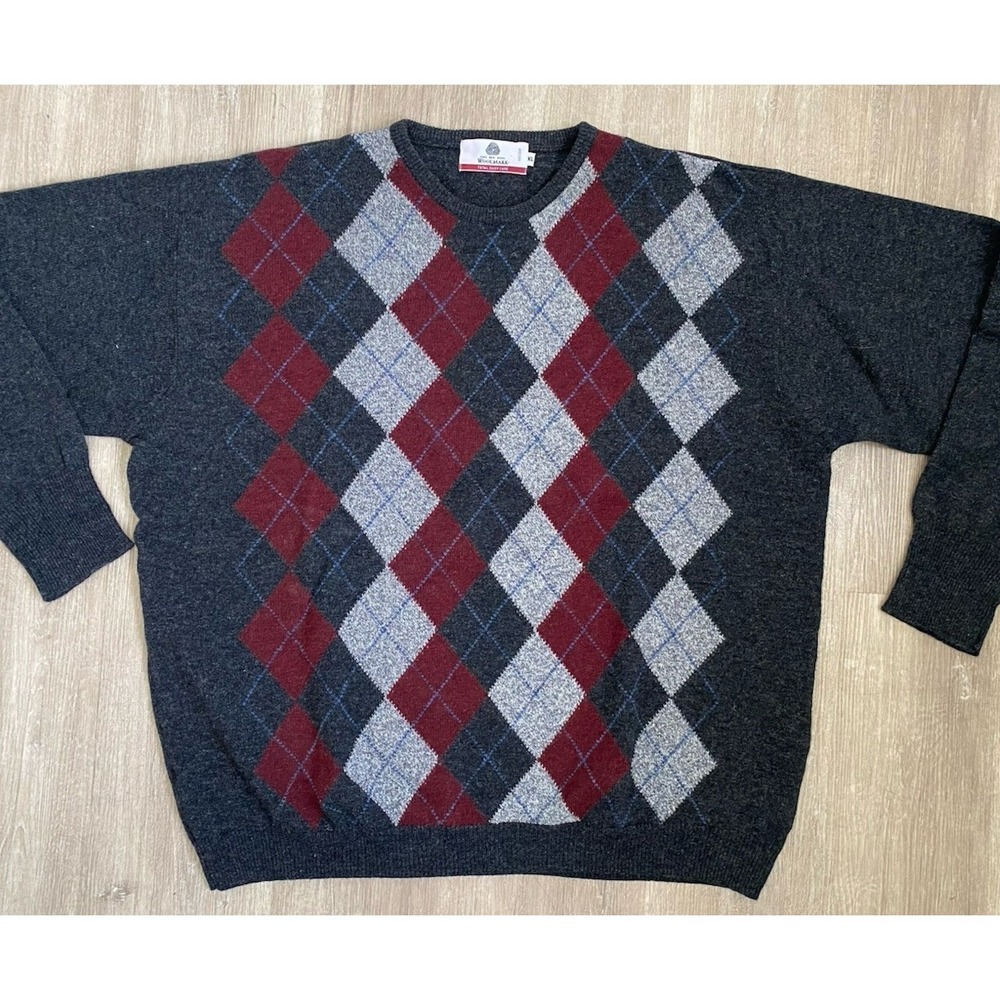 Woolmark 100% Lambswool Woolen Mill XL Wool Argyle Sweater Men's GUC Knit Gray‎